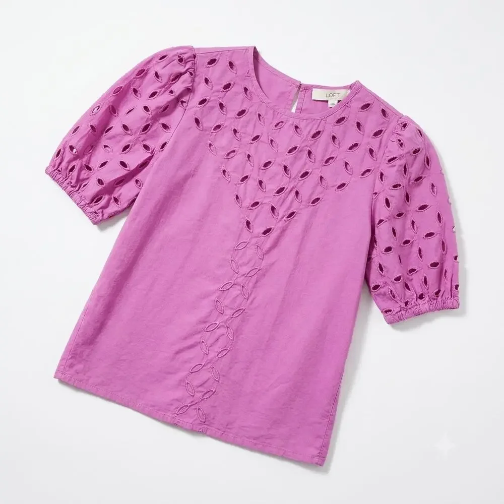 LOFT Eyelet Puff Sleeve Top Purple Cotton Poplin Casual Womens XXS Petite XXSP